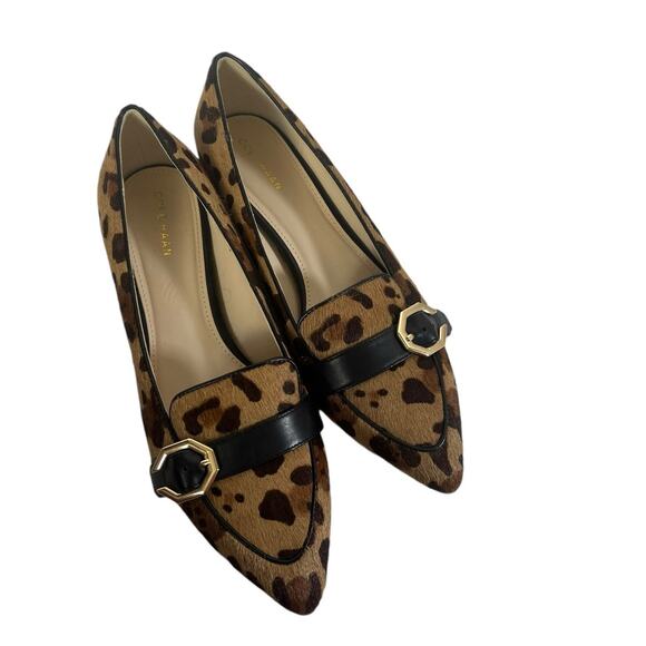 Cole Haan Leopard Gold Buckle Pony Hair Point-Toe Flats Size 6.5 - Picture 2 of 7